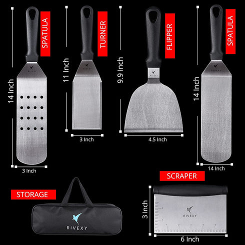 Rivexy Metal Spatula Stainless Steel - 5 Pcs Blackstone Griddle Accessories Kit Including Griddle Scraper - Premium Quality Grill Set for BBQ Accessories - Durable Flat Top Grill Accessories