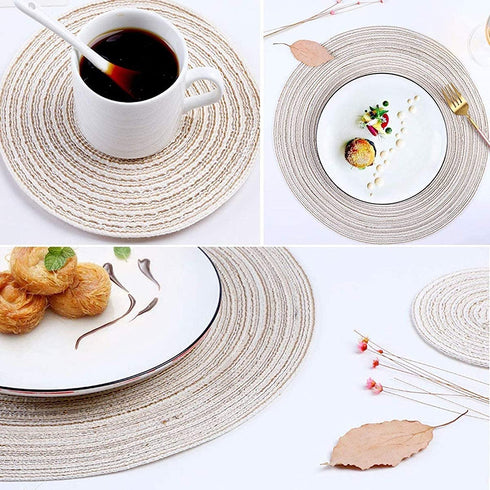 12 PCS Round Placemats and Coasters Set(15"×15"&4.33"×4.33") 6 Place Mats and 6 Coaster Round Braided Placemats Round Table Mats for Dining Tables Table Mats(Beige)