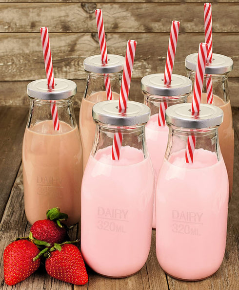 Estilo Milk Bottle - Reusable Glass Bottle for Dairy Milk With Straws & Metal Screw On Lids, 10.5 ounce, Clear, Set of 6