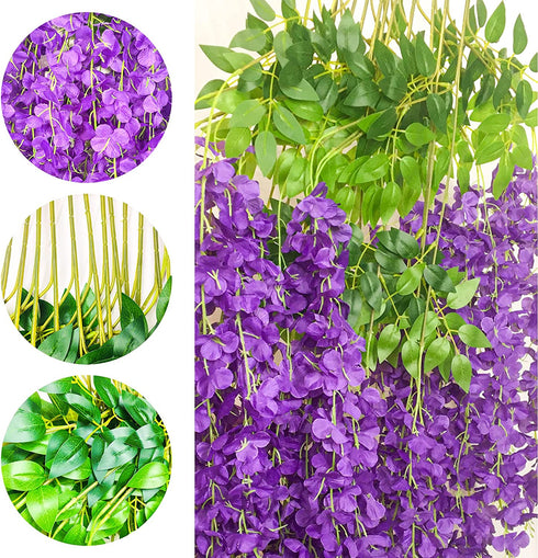 12 PCS 3.6 Feet Artificial Fake Wisteria Vine Rattan Hanging Garland Silk Flowers String Home Party Wedding D©cor, Purple