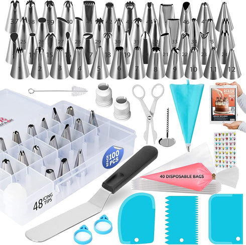 100PCs Piping Bags and Tips Set -48 Numbered Icing Tips, Cookie Cupcake, Cake Decorating Kit Baking Supplies Tools Cake Frosting Piping Tips, Reusable & Disposable Pastry Bags Icing Spatula & Smoother
