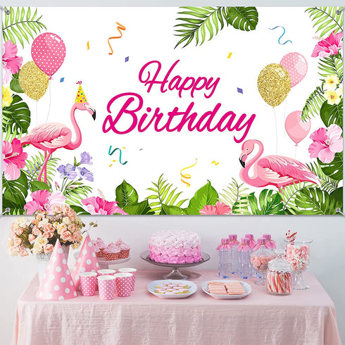 Summer Flamingo Themed Party Decoration Backdrop Flamingo Banner Party Supplies Tropical Floral Photo Booth Hawaiian Themed Party Decoration for Birthday Party Luau Beach Party, 70.8 x 43.3 Inch