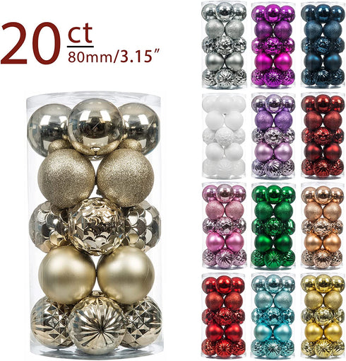 20Ct Christmas Ball Ornaments for Xmas Tree Shatterproof Christmas Decorations Hanging Ball Small for Holiday Party Decoration Tree Ornaments (Champaign Gold, 3.14In)