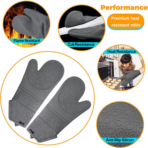 Jumeijia Oven Mitts and Hot Pads Sets, 8Pcs Extra Long Silicone Oven Gloves with Non-Slip Heat Resistant Hot Trivet Mats and Cooking Pinch Mitts Pot Holders Set for Baking Cooking, Grey