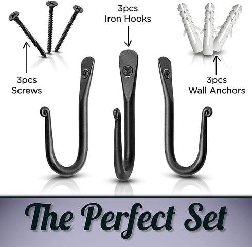Wall Mounted Hook - Wrought Iron Decorative Blacksmith Handmade Simple Iron Hook for Bathroom and Kitchen, Hooks for Hanging Robes, Towels, Coats, Cloths, Bags, Keys and Jewelries - Pack of 3 (Black)