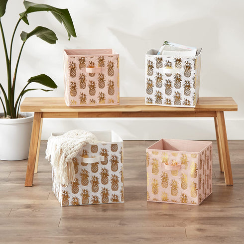 DII Foldable Fabric Storage Containers (13x13x13) Pineapple Gold-Set of 2, Large (2), White