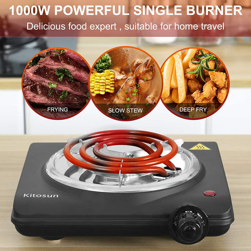 Single Hot Plate Charcoal Coal Burner Electric Stove Portable Fast Heating with Adjustable Temperature Control & Stainless Steel Grill for Cooking Camping (1000W)