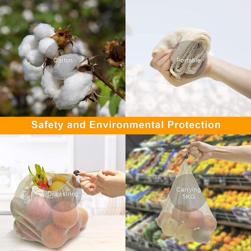 Reusable Cotton Produce Bags-Durable Organic Cotton Mesh Produce Bags ECO-Friendly Grocery Bags with Tare weight 4 Sizes 12 Packs Lightweight Machine Washable Vegetable Bags with Organizing Drawstring