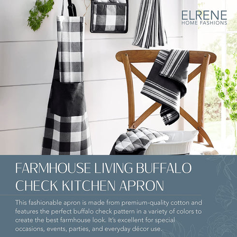 Elrene Home Fashions Farmhouse Living Buffalo Check Apron with Pocket, 28" x 33", Black/White