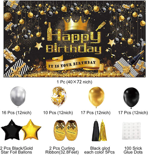 Birthday Decorations for Him 78 pcs Black and Gold Birthday Party Decoration for Men Boys Kids with Happy Birthday Backdrop Banner Balloons Star Foil Balloons Hanging Tassels