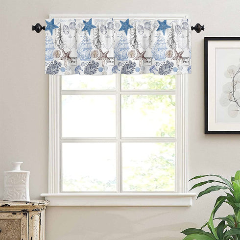 Coastal Curtain Valance for Windows,Nautical Starfish Blue Seaweed Window Toppers Valances,Underwater World Pocket Window Treatment Short Curtains for Kitchen Bathroom Bedroom 54x18in