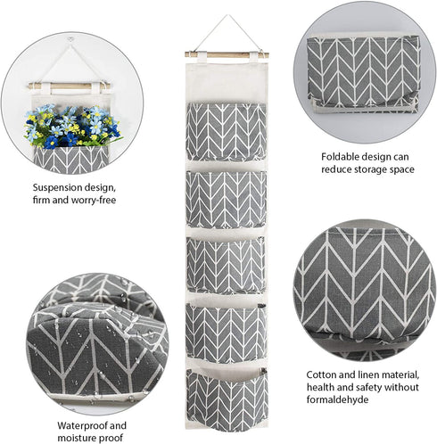 3Pcs Over The Door Hanging Storage Bag, MOTASOM Waterproof Wall Closet Organizer with 5 Pockets, Linen Fabric Wall Hanging Mounted Organizer Pocket for Room Bathroom Bedroom Kitchen