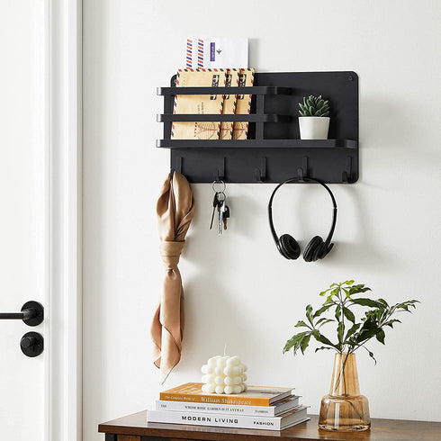 SONGMICS Key Holder for Wall, Wall Mounted Mail Organizer, Metal Floating Shelf with 5 Hooks, Wall Key Hook for Entryway, Key Hanger for Wall, Living Room, Hallway, Mudroom, Kitchen, Black UHCH315B01