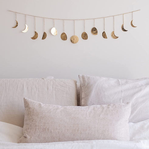 Moon Phase Wall Hanging Handmade Hammered Gold Metal 13 Moons 36" Garland, Boho Home Decor for Bedroom, Celestial Art Phases Bohemian Decoration Astrology Aesthetic for Above the Bed or Living Room