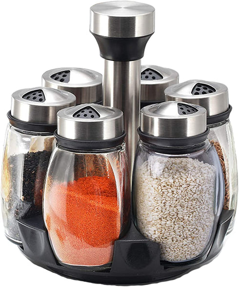 MONMART Salt and Pepper Shakers Salt Shaker Stainless Steel and Glass Set, 360° Rotating With Adjustable Pour Hole, 6-Piece Set