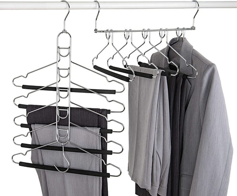 Amber Home 2 Pack Multi Layer 5 in 1 Metal Suits Pants Hangers, Closet Storage Organizer with 2 Swivel Hooks, Detachable Space Saving Anti Slip Clothes Hangers for Shirt Sweater Jeans Slacks Dresses