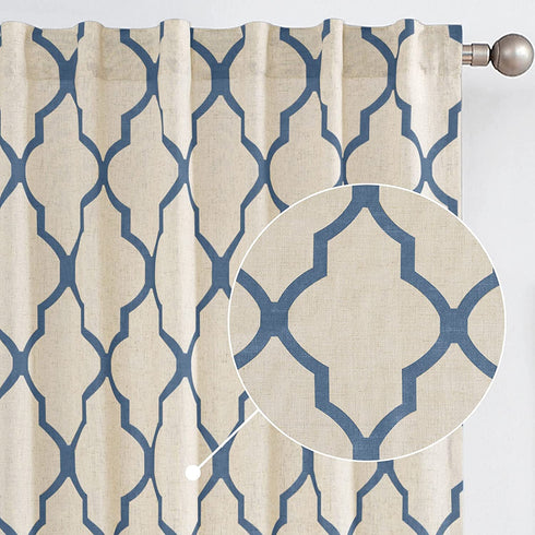 jinchan Linen Curtains for Living Room Back Tab Curtain Moroccan Print Bedroom Drapery Dining Room Light Filtering Flax Textured Rod Pocket Window Treatment 95 Inch Length 2 Panels Blue on Beige