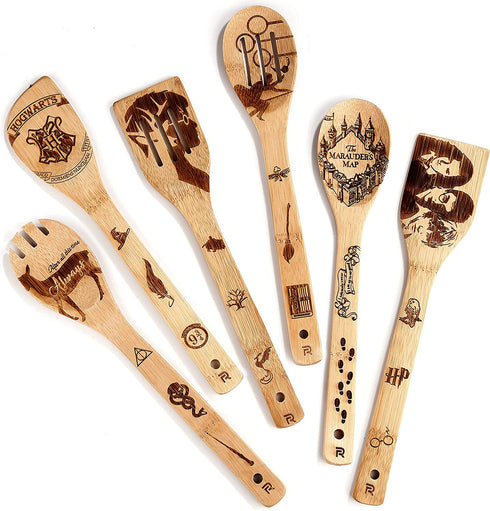 Riveira Organic Wooden Spoons for Cooking Utensils Set 6-Piece Magic Wizard Harr Potter Kitchen Utensils Gift Spatulas for Nonstick Cookware Gifts for Cooking Lovers
