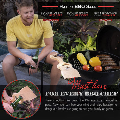 Wood Grill Scraper - Wooden Alternative for A BBQ Grill Brush, Made from Natural Beech Hardwood - Uses The New EasyShape Technology for Safe Cleaning & Bristle Free Barbecue