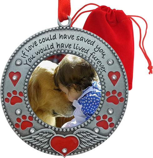 In Loving Memory Pet Ornament - Dog Memorial Christmas Photo Ornament - Furever in My Heart - Red Hearts with Angel Wings & Paw Prints - Cat Sympathy Gifts - Loss of a Pet - Gift/Storage Bag Included