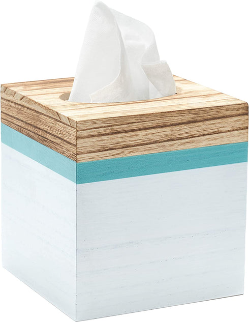 Modern Square Wooden Tissue Box Cover Holder for Bathroom Vanity Countertops, Bedroom Dressers, Night Stands, Desks and Tables, Rustic Farmhouse - White and Sea Mist Green