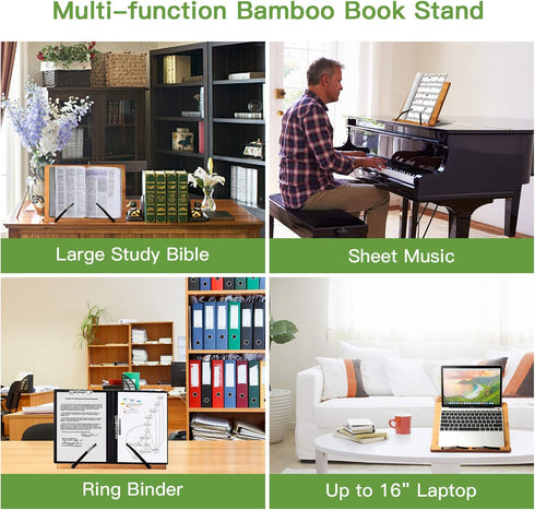 Bamboo Book Stand, Large Cookbook Holder Reading Book Holder with 5 Adjustable Height, Foldable Wooden Cooking Bookstand for Textbook, Receipe, Music Books, Tablet, Ipad by Pipishell (13.4" x 9.5")
