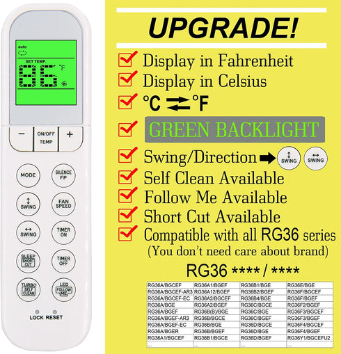 Replacement Remote Control for Midea ComfortStar FrigidaireAC Cooper&Hunter AC Air Conditioner RG36B/BGE RG36F/BGEF RG36A/BGEF-AR3 RG36B/BGCE RG36Y1/BGCEFU2 RG36F1/BGEFU1 RG36B4(B)/BGE RG36B2/BGEF