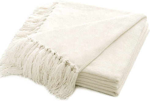 RECYCO Throw Blanket Soft Cozy Chenille Throw Blanket with Fringe Tassel for Couch Sofa Chair Bed Living Room Gift (Ivory White, 50'' x 60'')
