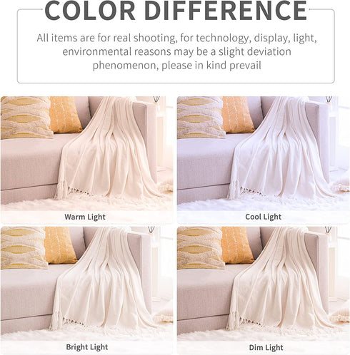 RECYCO Throw Blanket Soft Cozy Chenille Throw Blanket with Fringe Tassel for Couch Sofa Chair Bed Living Room Gift (Ivory White, 50'' x 60'')