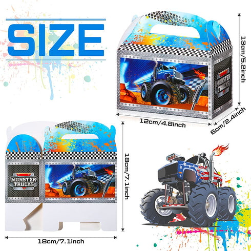 24 Pieces Monster Truck Favor Bags Paper Party Bags Treat Monster Jam Party Supplies Favor Box for Holiday Birthday Theme Parties Goodie Candy Cookies, 2 Styles, 7.09 x 7.09 Inches in Expanded State