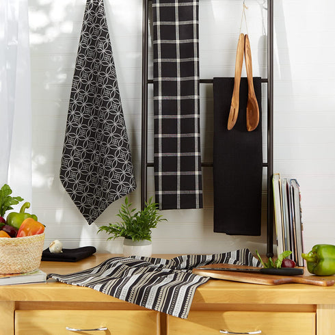 DII Assorted Woven Kitchen Set, Dishtowel, 18x28; Dishcloth, 13x13, Black, 5 Piece
