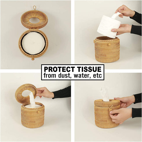 CLAYNIX Rattan Round Tissue Box Wicker Toilet Paper Holder Single Roll Cover Protector Circle Container Dispenser with Lid for Bathroom Vanity, Toilet Tank, Home Decor, Hotel, Office, Car Accessories