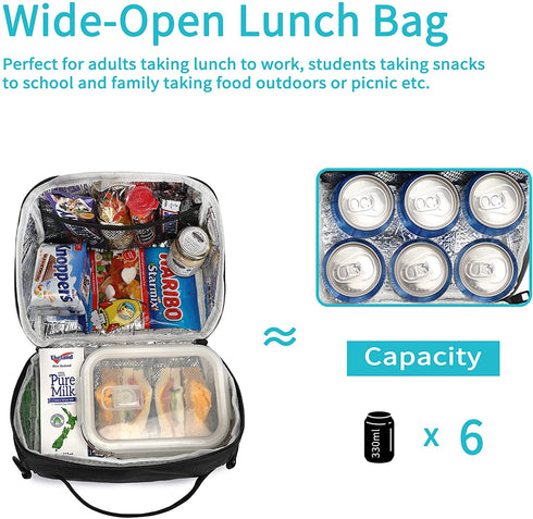 Sunny Bird Small Insulated Lunch Bag Portable Lunch Box Tote for Work and School (Black)