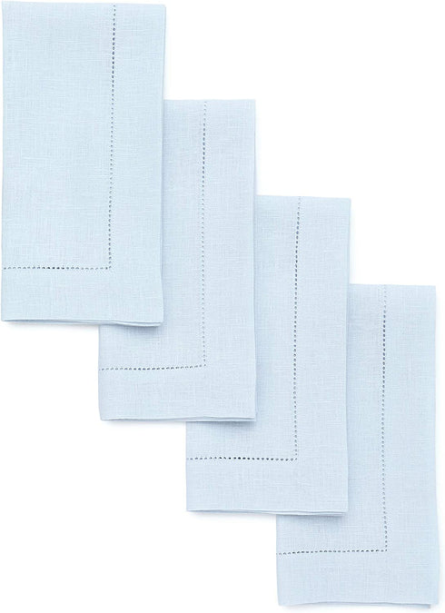 Solino Home Spring Linen Napkins Classic Hemstitch Light Blue, 20 x 20 Inch Set of 4 European Flax, Natural Fabric Machine Washable Dinner Napkins Handcrafted