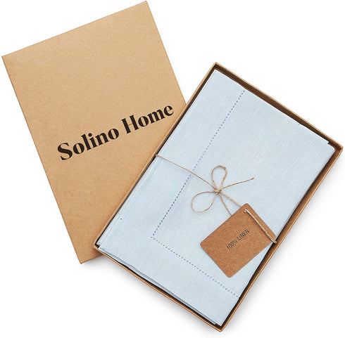 Solino Home Spring Linen Napkins Classic Hemstitch Light Blue, 20 x 20 Inch Set of 4 European Flax, Natural Fabric Machine Washable Dinner Napkins Handcrafted