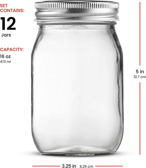 Glass Regular Mouth Mason Jars, (12 Pack) Glass Jars with Silver Metal Airtight 1 Piece Lids for Meal Prep, Food Storage, Canning, Drinking, Overnight Oats, Jelly, Dry Food, Salads, Yogurt (16 Ounce)