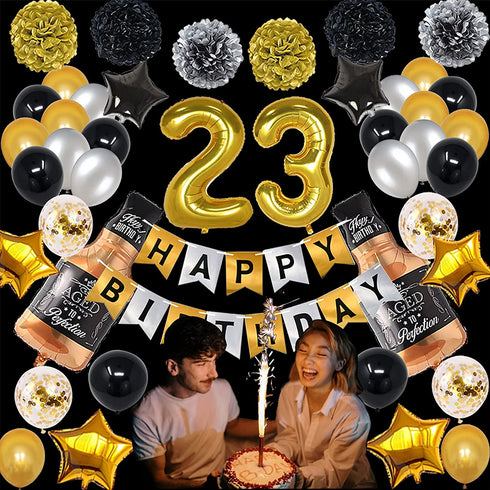 NANINUNENO 23rd Gold Birthday Decorations,Gold Black Silver Happy Birthday Balloons Supplies for Boy Men Girl Women,23 Birthday Party Set with23 Gold Number Balloons Happy Birthday Banner and Whiskey Bottle Balloons