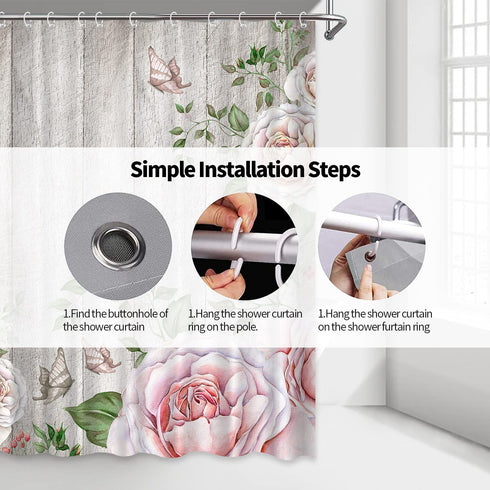 Rustic Floral Shower Curtain Watercolor Pink Rose Butterfly Bath Curtain Farmhouse Wooden Plank Country Fabric Bathroom Shower Curtain