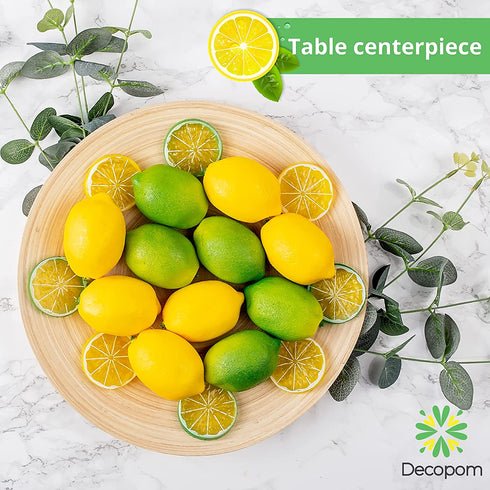 Fake Lemons Limes and Slices Set - 36 Kit Decoration Faux Citrus Fake Fruit - Artificial Lemons Fruit Decorations for Kitchen Home Office Weddings Table Centerpiece Party Tree Lemon Decor for Kitchen