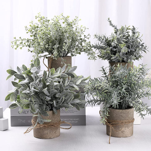 Artificial Topiaries Plants & Flowers, 4 Pcs Mini Plants Artificial Potted Set Fake Green Grass Plant Faux Plastic Topiary for Home Office Desk Bathroom Kitchen Counter Decoration (Nature)