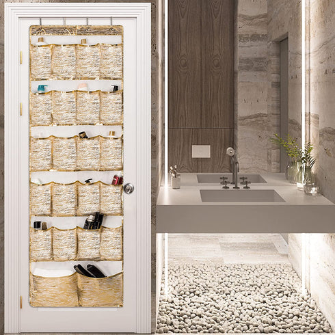 DAMAHOME Over The Door Shoe Organizer 22 Breathable Large Pockets Hanging Shoes Rack Closet Storage Holder with 4 Metal Hooks for Men Women Kids Nursery Organizer, Gold Modern Pattern, 67?x23?