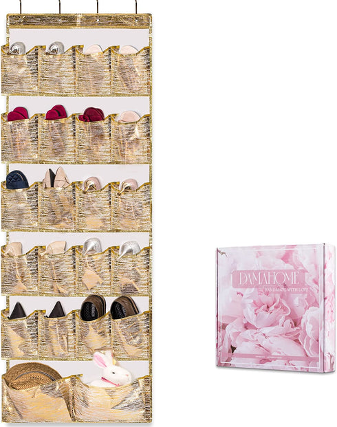 DAMAHOME Over The Door Shoe Organizer 22 Breathable Large Pockets Hanging Shoes Rack Closet Storage Holder with 4 Metal Hooks for Men Women Kids Nursery Organizer, Gold Modern Pattern, 67?x23?