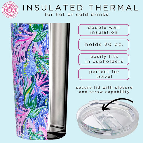 Lilly Pulitzer 20 Oz Insulated Tumbler with Lid, Blue Stainless Steel Travel Cup, Double Wall Metal Tumbler, Bringing Mermaid Back