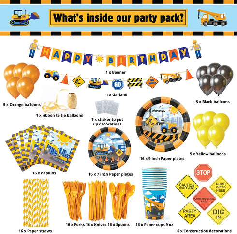 Whoobli Construction Birthday Party Supplies (Serves 16), All in One Truck Construction Party Supplies- Plate, Cups, Spoons, Fork, Napkins. Construction Birthday Decorations for Boys