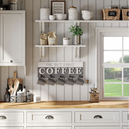 Barnyard Designs ˜Ok, But First Coffee™ Hanging Mug Holder, Wall Mounted Coffee Cup Organizer Rack, Rustic Farmhouse Wood Wall Decor Sign, for Kitchen, Coffee Bar or Cafe, Gray and White, 24? x 8.5?