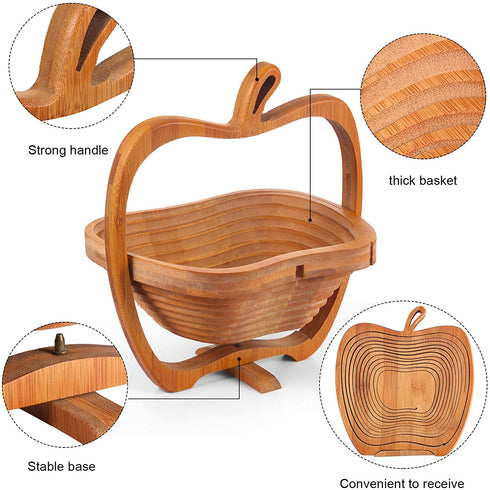 9 x 8.5 Inches Collapsible Bamboo Fruit Basket Dried Fruit Basket Tray Turns into Basket Wooden Snack Box Holiday Food Tray Fruit Bowl Holder for Kitchen Table