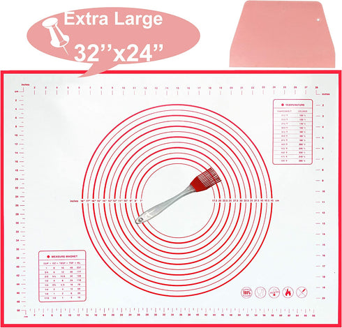 Extra Large Silicone Baking Mat 32" By 24" Non-slip Premium Pastry Mat Non Stick Pie Mat with Measurement, Counter Mat, Dough Rolling Mat