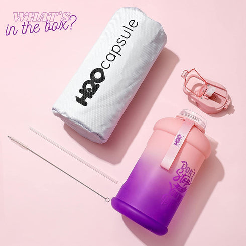 H2O Capsule INSPO Half Gallon Water Bottle with Time Marker and Straw Motivational Hydration Tracker Jug for Daily Intake Big BPA-Free FoodSafe Leakproof Drinking Bottle Handle & Strap, Purple Peach