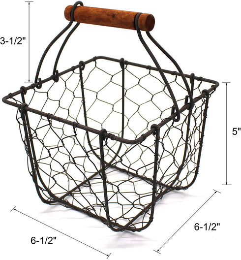 CVHOMEDECO. Chicken Wire Egg Basket Fruit Basket with Wooden Handle Primitives Vintage Gathering Basket. Rusty (Square)