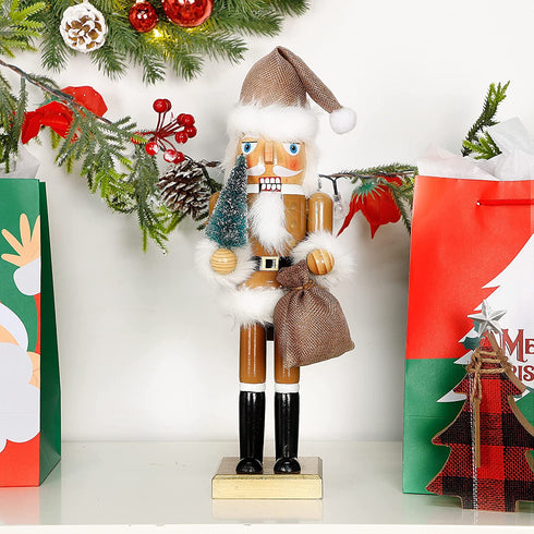 Joliyoou Christmas Nutcracker Figures, 14 Inch Wooden Nutcracker Santa Holding Gifts & Christmas Tree, Large Xmas Nutcracker Tabletop Festival Shelves Decorations